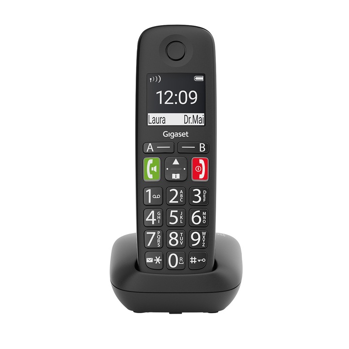 Gigaset E290 időseknek tervezett vezeték nélküli (DECT) telefon, kihangosítható, 150 neves telefonkönyv, hívófélazonosítás, Fekete