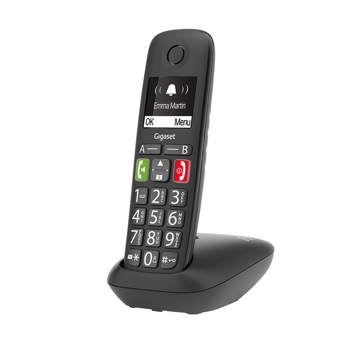 Gigaset E290 időseknek tervezett vezeték nélküli (DECT) telefon, kihangosítható, 150 neves telefonkönyv, hívófélazonosítás, Fekete