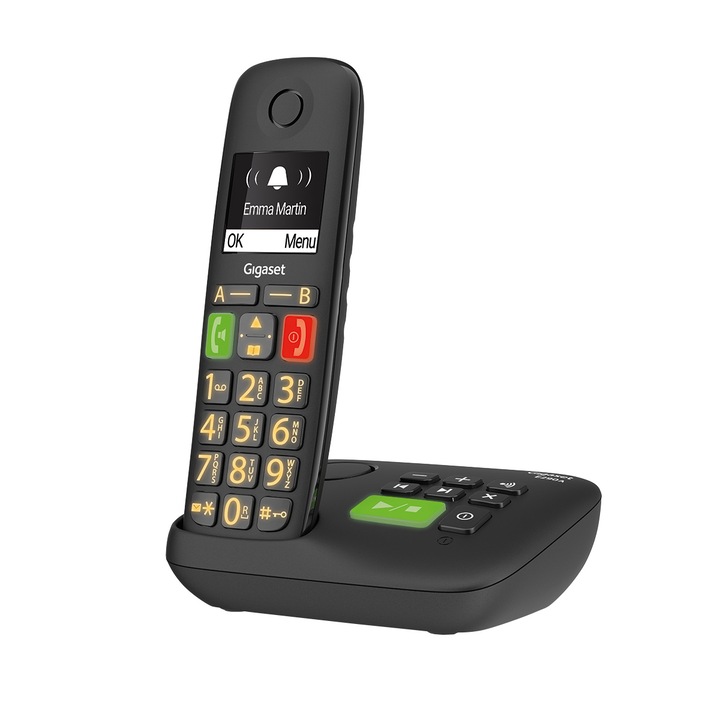Gigaset E290A időseknek tervezett vezeték nélküli (DECT) telefon, üzenetrögzítő, kihangosítható, 150 neves telefonkönyv, hívófélazonosítás, Fekete