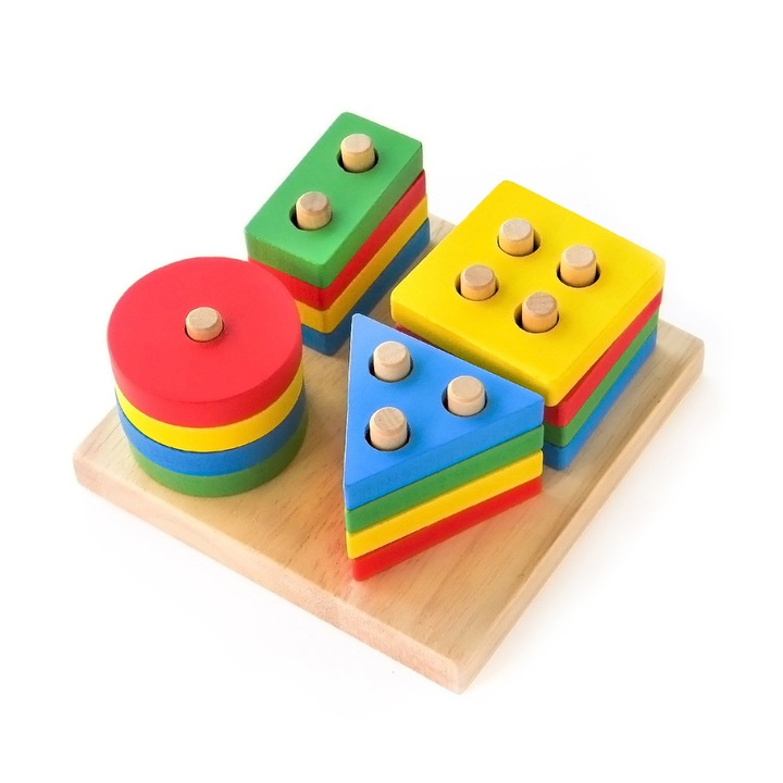 Jucarie educativa Montessori din lemn, forme geometrice, 4 coloane, Multicolor, + 3 ani