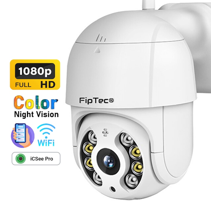 FipTec LO15 Okoskamera, kültéri, WiFi, Full HD 1080p, 360°-os forgatás, vízálló, színes éjszakai látás 20 m-ig, mozgásérzékelő és telefonértesítések, automatikus objektumkövetés, felügyelet Androidra, iOS-re és PC-re