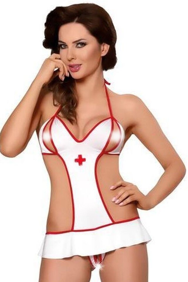 Costumatie asistenta, Softline, Lea 1731, body, cu decupaje, Alb/Rosu, M-L