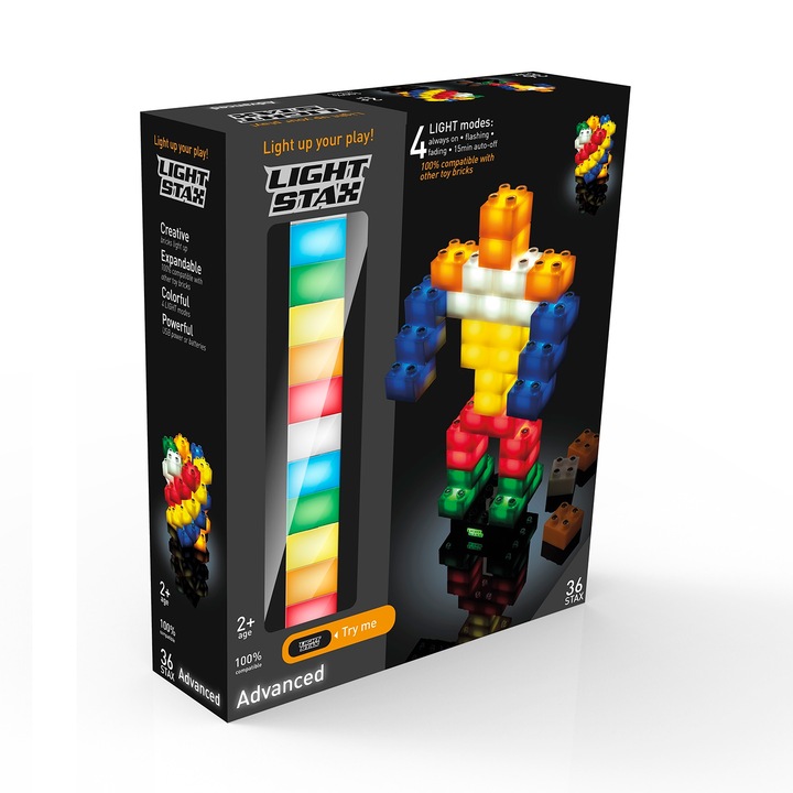 Светещ конструктор Light Stax Advanced, 36 части, Включени STAX M04040 (6 бр. 2x4) и STAX M04030 (8 бр. 2x3), Многоцветен