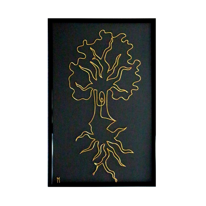 Tablou Copacul vietii, sculptura in fir continuu de sarma non-tarnish auriu de 1 mm, rama neagra 20x30 cm, fundal negru