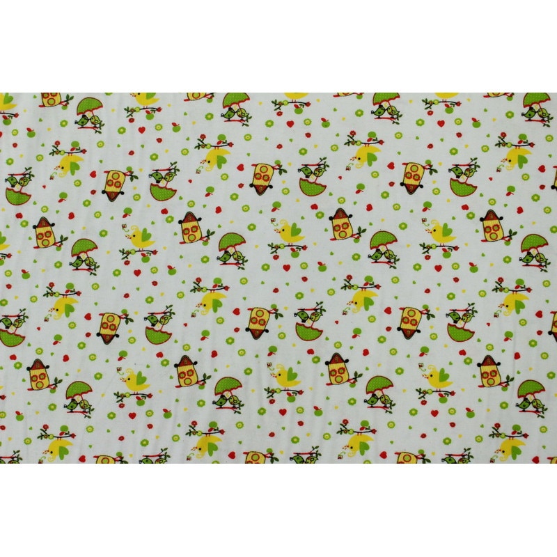 Material textil, Decotex, Finet alb/verde cu pasari 100% bumbac, 150 x 100cm