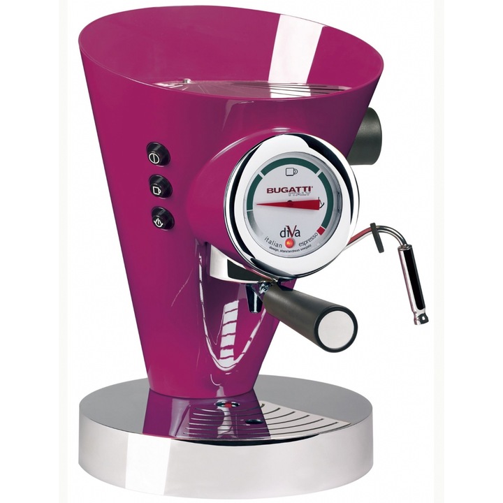 Espressor Casa Bugatti, Diva, compatibil cu capsule universale sau cafea macinata, functie de spumare a laptelui, presiune 15 bar, putere 950 W, mov