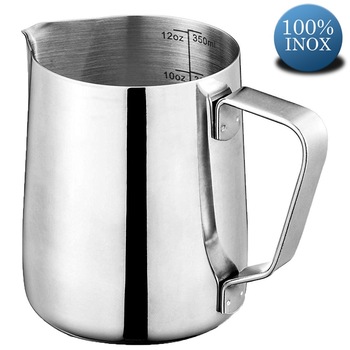 Cana din inox cu gradatie, latiera pentru spumare cu maner, cana de lapte sau cappucino, cu cioc, cana pentru bar, cana barista, 350 ml, h 9 cm, Quasar & Co Cana din inox cu gradatie, latiera pentru spumare cu maner, cana de lapte sau cappucino, cu cioc, cana pentru bar, cana barista, 350 ml, h 9 cm, Quasar & Co