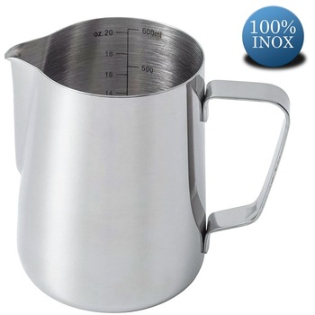 Cana din inox, latiera pentru spumare cu maner, cana de lapte sau cappucino, cu cioc, cana pentru bar, cana barista, 600 ml, h 11 cm, Quasar & Co Cana din inox, latiera pentru spumare cu maner, cana de lapte sau cappucino, cu cioc, cana pentru bar, cana barista, 600 ml, h 11 cm, Quasar & Co