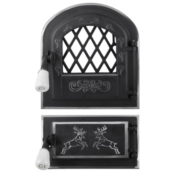 Usa din Fonta cu Geam si Cenusar Cerbi Ornamente Argintii pentru Soba, 275x255 mm, EvoTools Usa din Fonta cu Geam si Cenusar Cerbi Ornamente Argintii pentru Soba, 275x255 mm, EvoTools