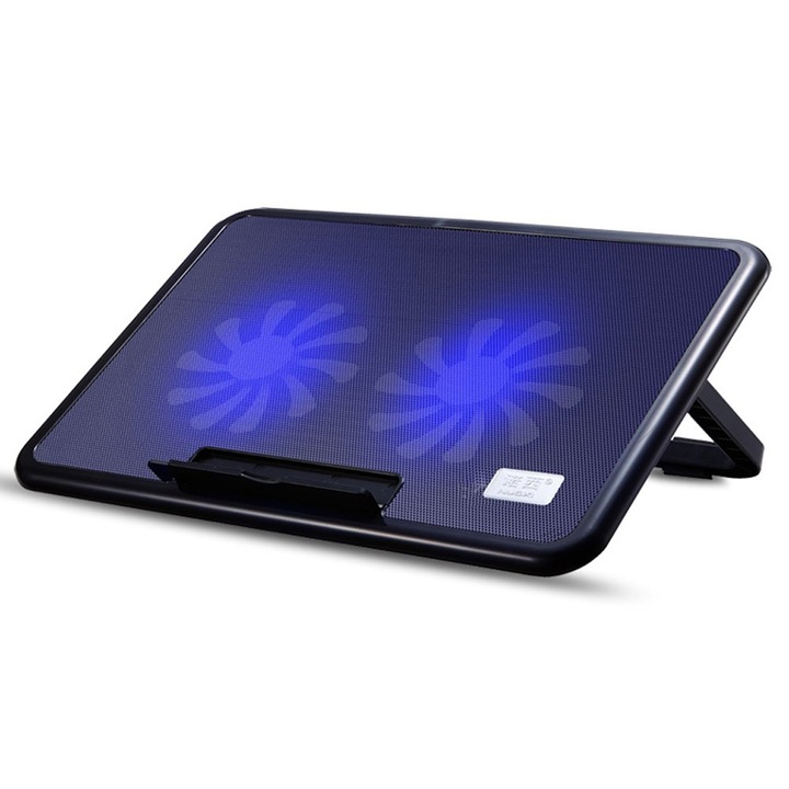 Охладител за лаптоп/ноутбук KlaussTech, съвместим 12 - 17 инча, LED светлина, 2 вентилатора, 1200 об./мин., ниво на шум 21 dB, 2 настройки на височината, ергономичен дизайн, черен