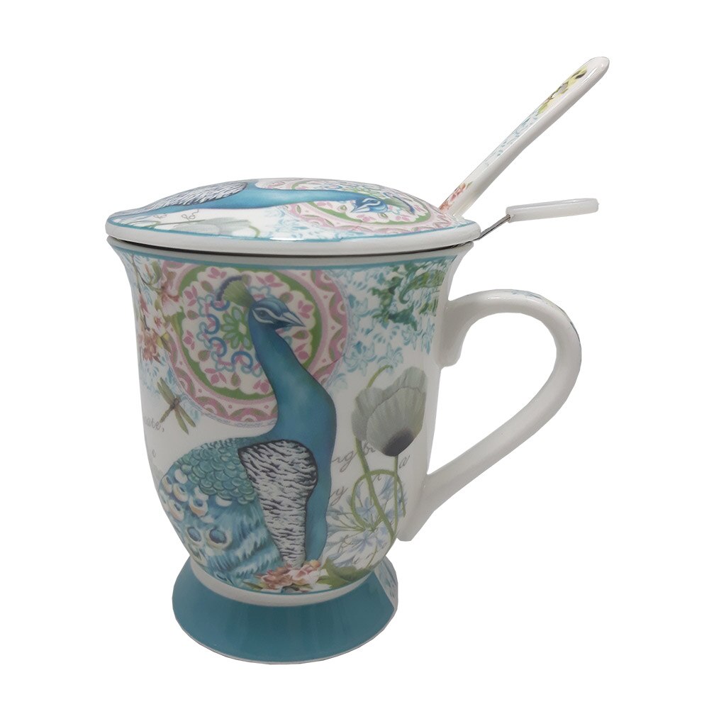 Cana cu Sita Metal, Charisma, Tematica Paun Albastru, Portelan, 200 ml