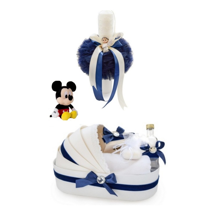 Set Trusou botez biserica complet 9 piese cu Mickey, lumanare bob cu inger OD534