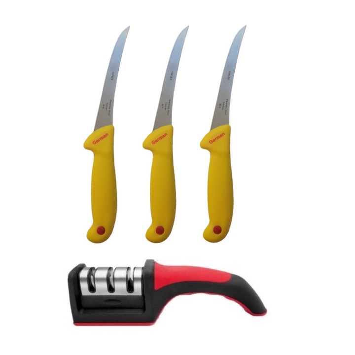 Pachet macelarie format din 3 cutite profesionale pentru dezosat GER3 si aparat manual pentru ascutit , 3 nivele de intensitate