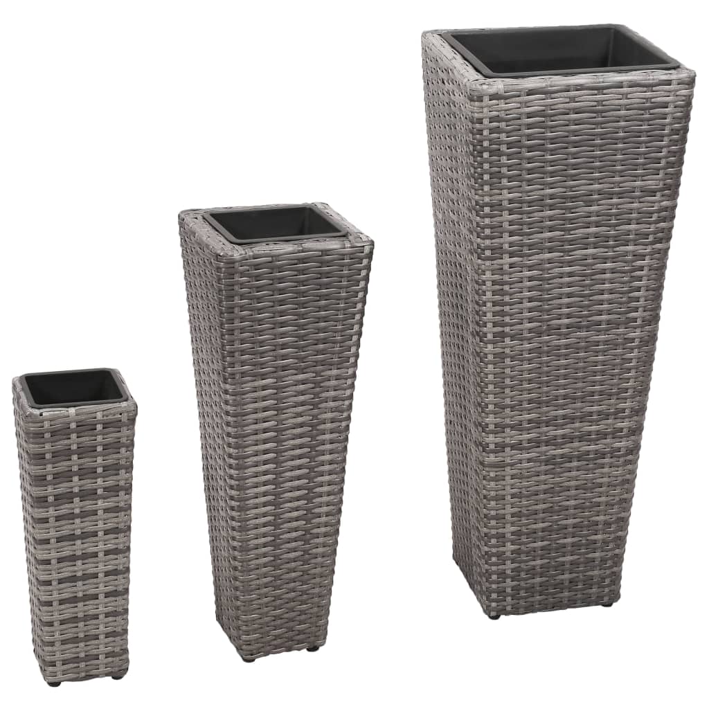 Set 3 jardiniere de gradina, vidaXL, Ratan, 30 x 30 x 80 cm, Gri