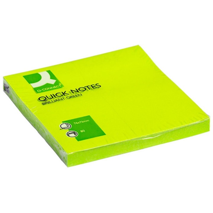 Q-CONNECT Самозалепващи се бележки, 76x76 mm, 75 листа, 70 g/m², неоново зелен цвят