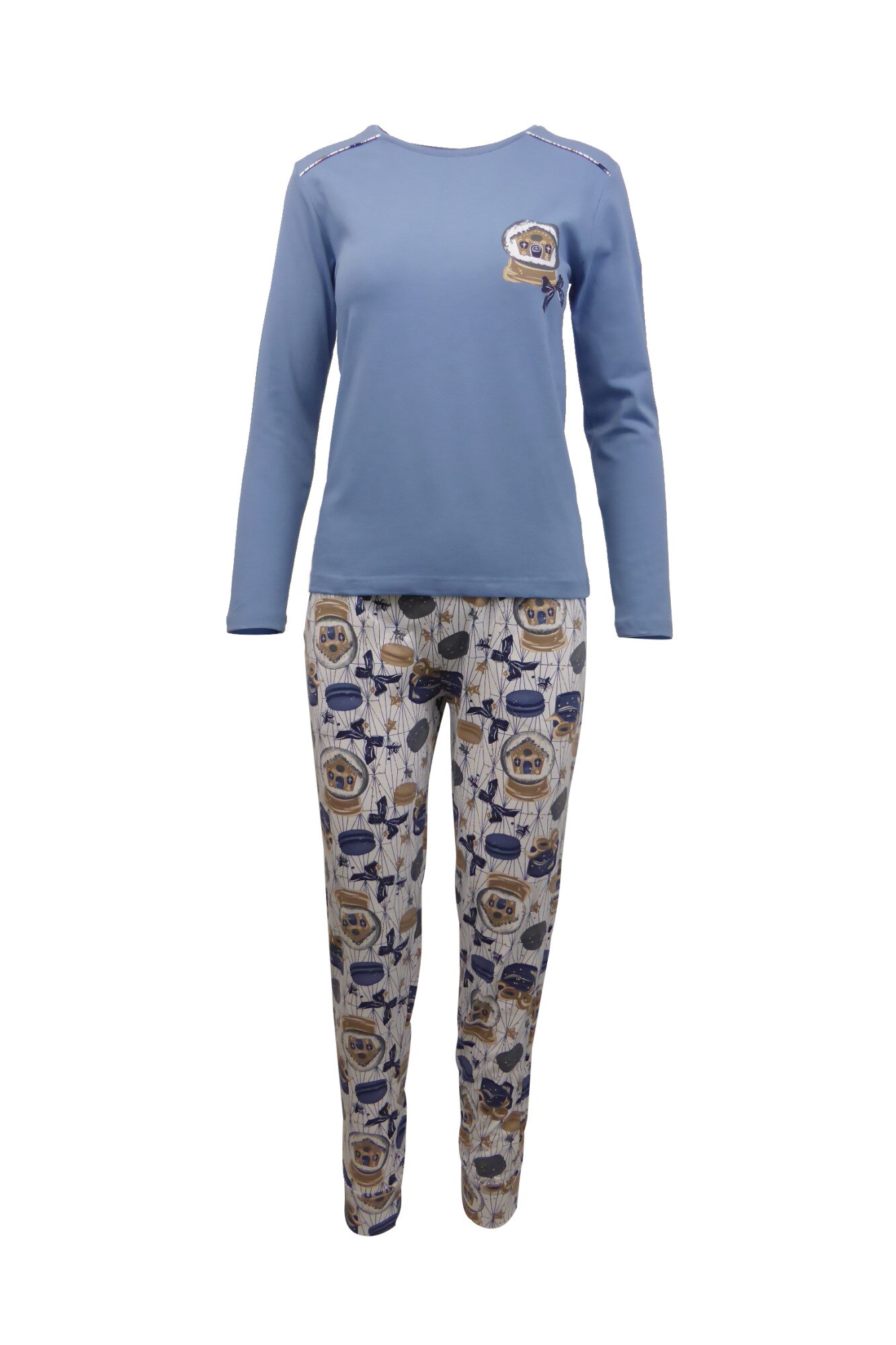 Pijama dama, Univers Fashion, bluza albastru cu imprimeu pe piept, pantaloni albi cu imprimeu albastru si maro, L