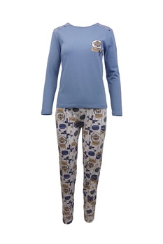 Pijama dama, Univers Fashion, bluza albastru cu imprimeu pe piept, pantaloni albi cu imprimeu albastru si maro, L Pijama dama, Univers Fashion, bluza albastru cu imprimeu pe piept, pantaloni albi cu imprimeu albastru si maro, L