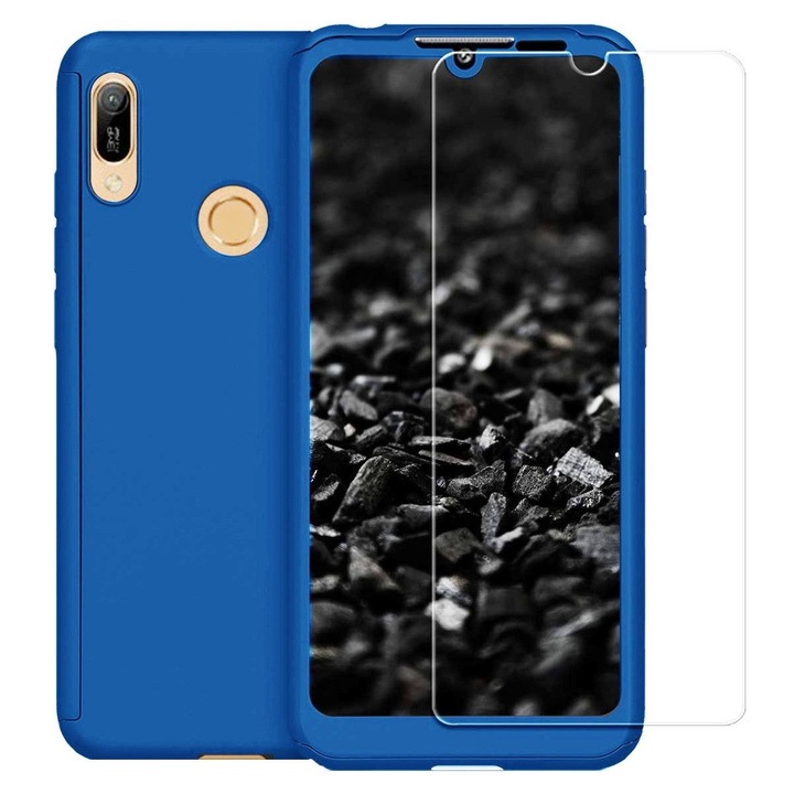 Full Cover 360°-os tok (elöl + hátul + üvegfólia) Huawei Y6 2019 készülékhez műanyagból, kék sötétkék