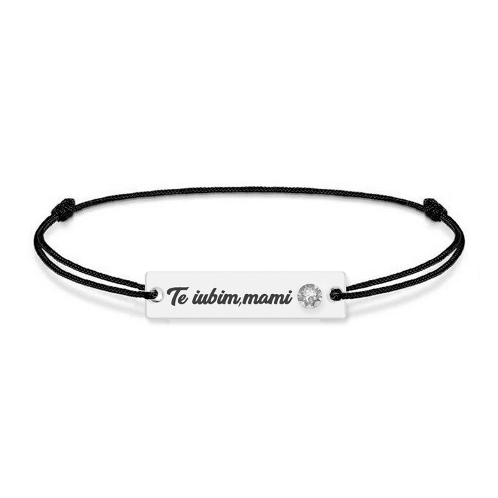 Bratara din snur negru cu talisman din argint 925 si Cristale, Te iubim mami, BijuBOX, 15 + 4 cm, Cutiuta inclusa