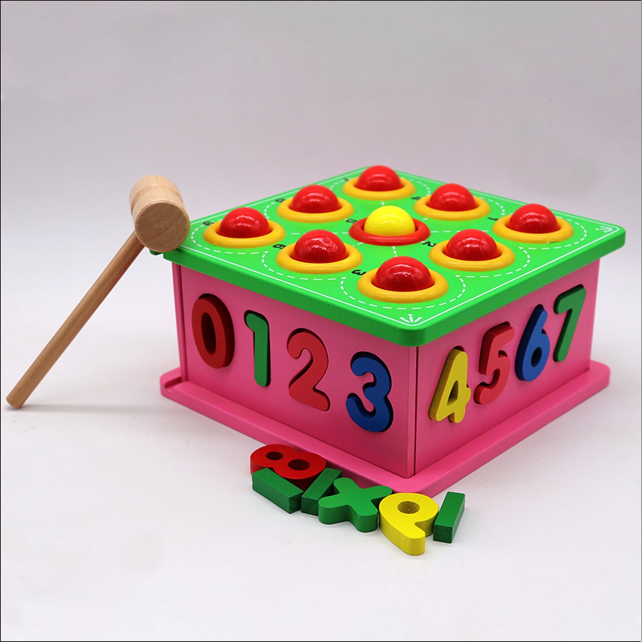 Cub educativ Montessori din lemn, Nine Ball, 9 bile si ciocanel, ceas, cifre, semne, Multicolor, + 3 ani