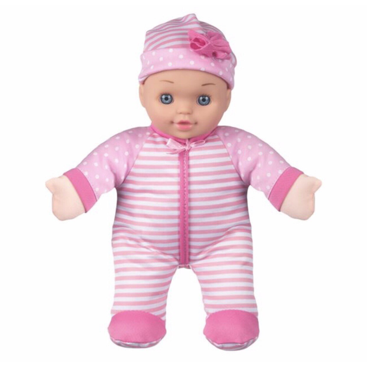 Papusa bebe pentru copii imbracata in roz cu caciula si ochi albastri cu dimensiuea de 30 cm , ATS