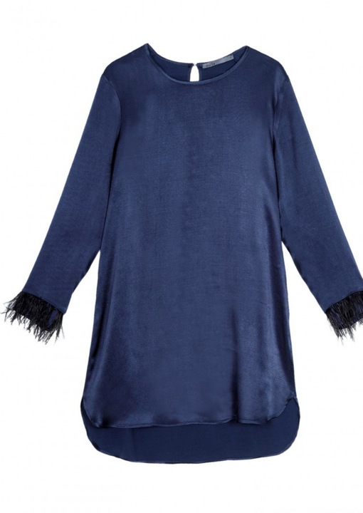 Rochie bleumarin Milla, din material satinat, cu detalii de pene la maneci, Bleumarin