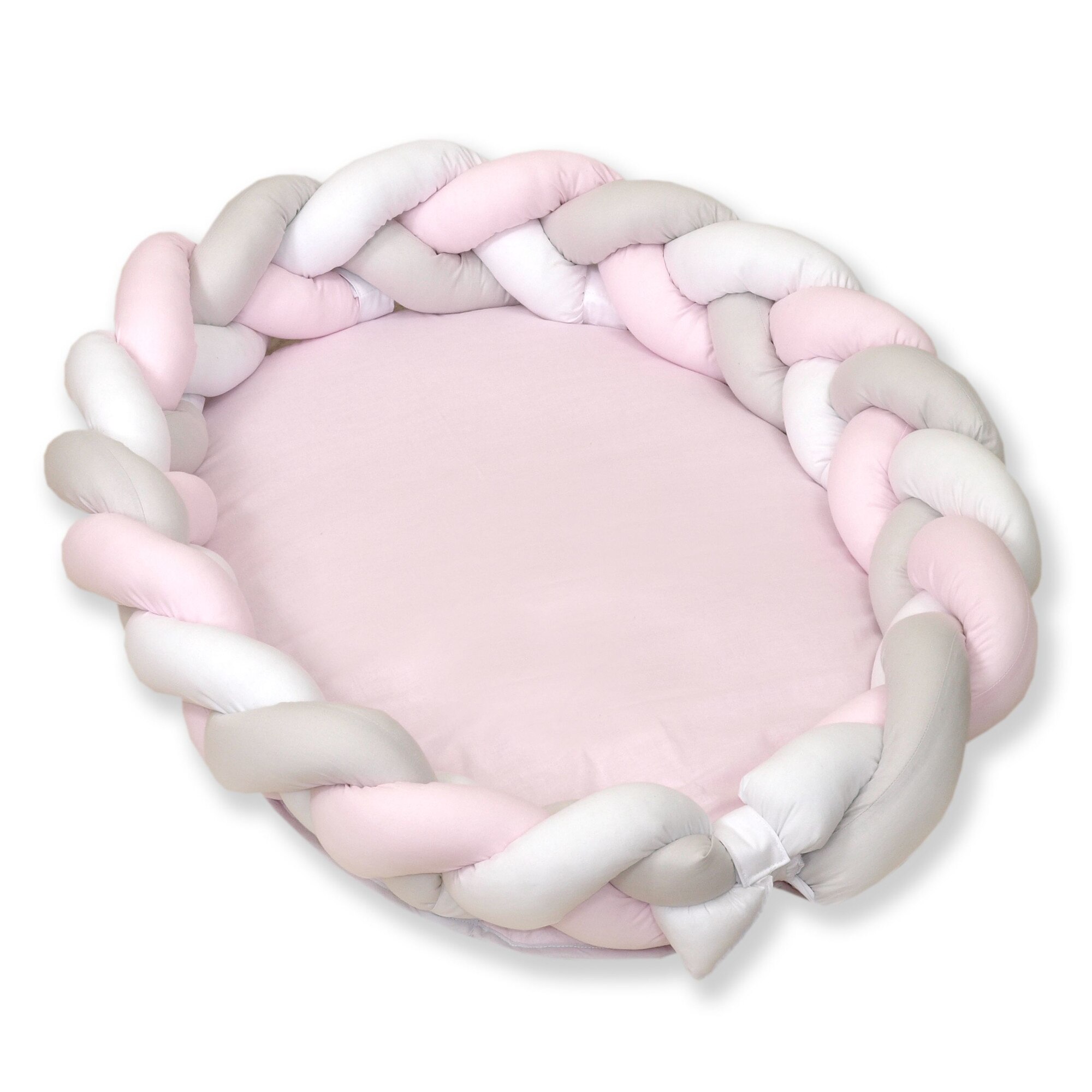 Baby Nest 2 in 1 cu Protectie impletita, detasabila, Alb Gri Roz, 80 X 50 cm