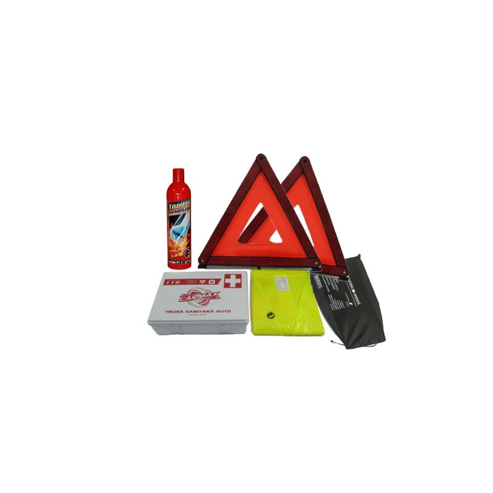Авариен комплект за автомобил Impar - светлоотразителна жилетка, медицински комплект, 2x триъгълник, пожарогасител P1 + чанта