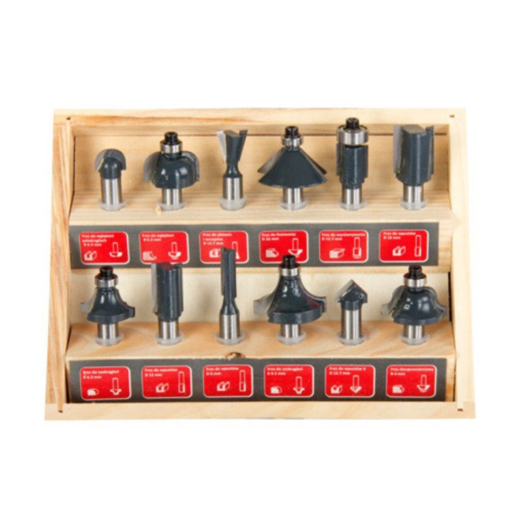 Аксесоари за оберфреза Proline, 12 бр. за дърво, Черен / Сребрист