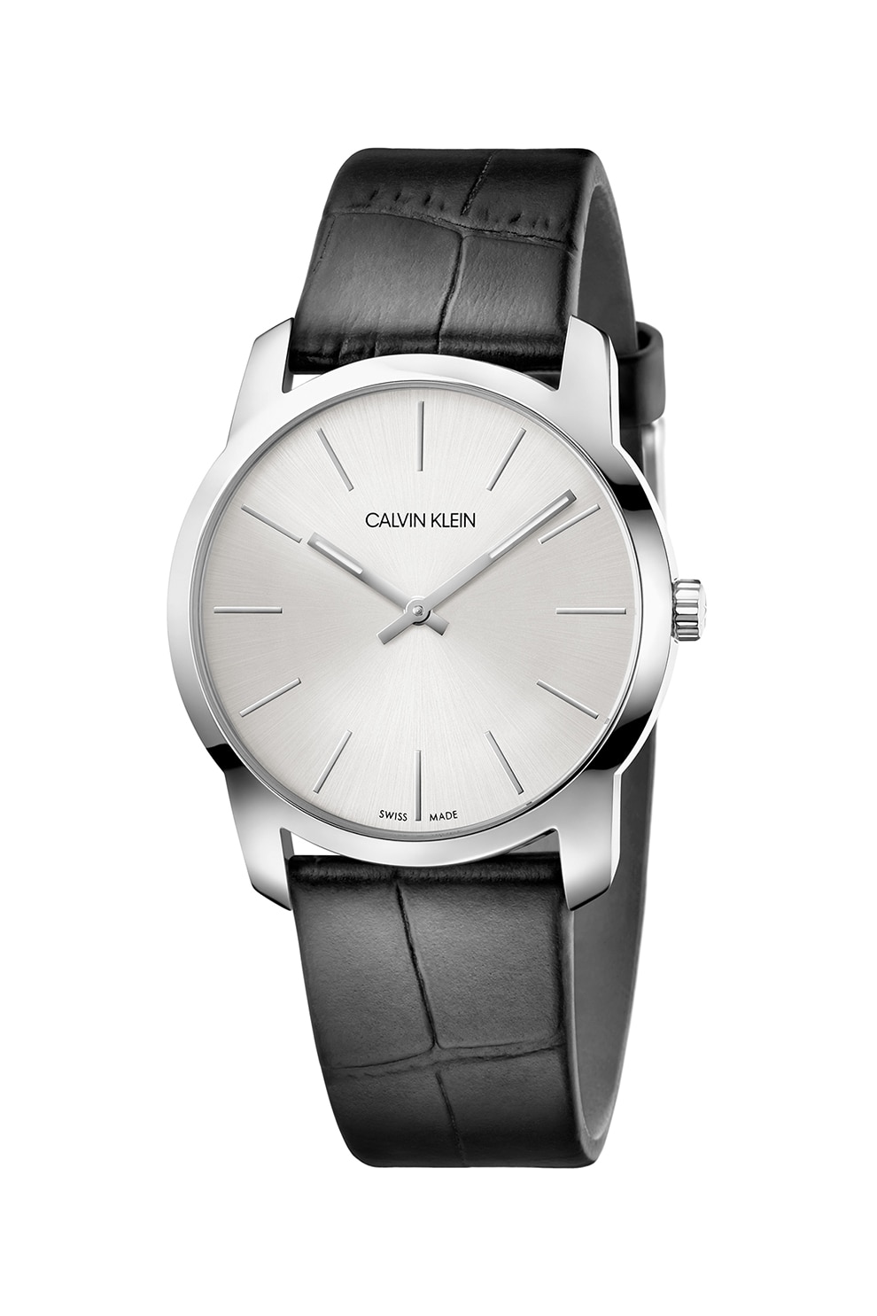 Calvin Klein, Ceas unisex cu o curea cu model piele de crocodil, Negru/Argintiu