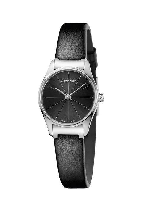 Calvin Klein, Часовник с кожена каишка, Черен / Сребрист