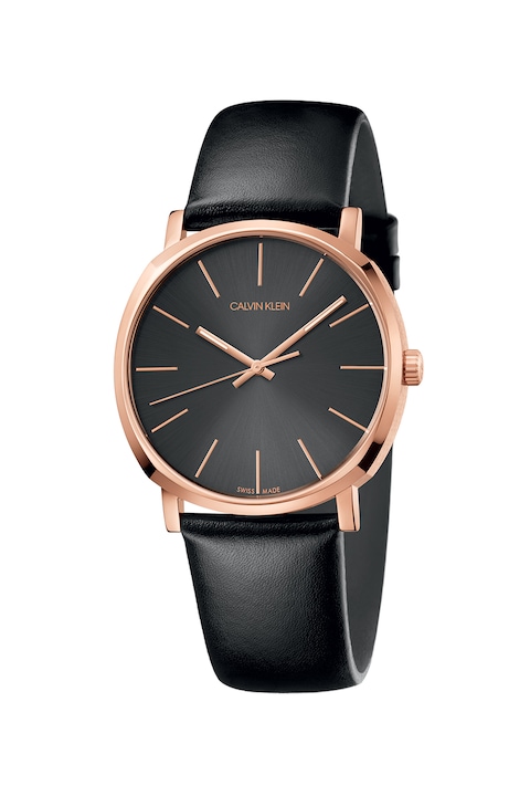 Calvin Klein, Часовник Swiss Made с кожена каишка, Черен / Златист