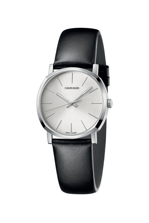 Calvin Klein, Часовник Swiss Made с кожена каишка, Черен / Сребрист