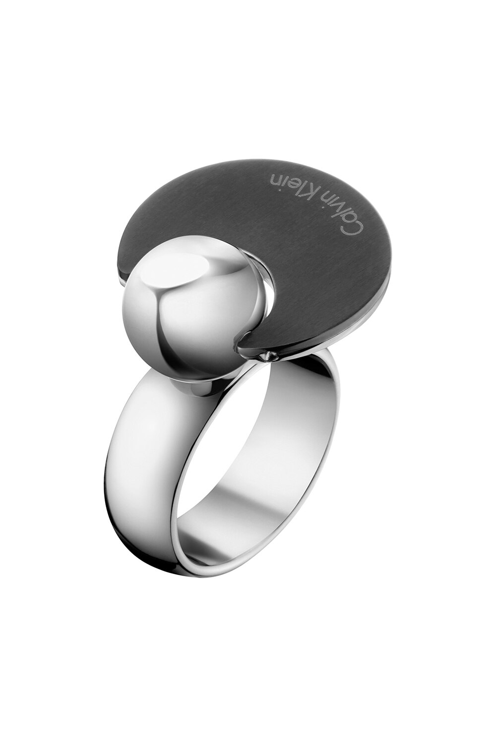 Calvin Klein, Inel din otel inoxidabil cu detaliu rotund, Argintiu/Negru, 55 Standard