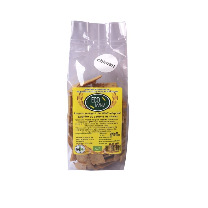 Biscuiti ecologici din faina integrala de grau cu seminte de chimen, Ecomania, 200 g
