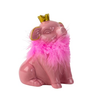 Pusculita din Ceramica, NAGO, Porcusor Roz, Printesa cu Coroana aurie si cu fular din Pene, H12.5 cm Pusculita din Ceramica, NAGO, Porcusor Roz, Printesa cu Coroana aurie si cu fular din Pene, H12.5 cm