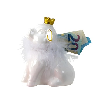 Pusculita din Ceramica, NAGO, Porcusor Alb, Printesa cu Coroana aurie si cu fular din Pene, H12.5 cm Pusculita din Ceramica, NAGO, Porcusor Alb, Printesa cu Coroana aurie si cu fular din Pene, H12.5 cm