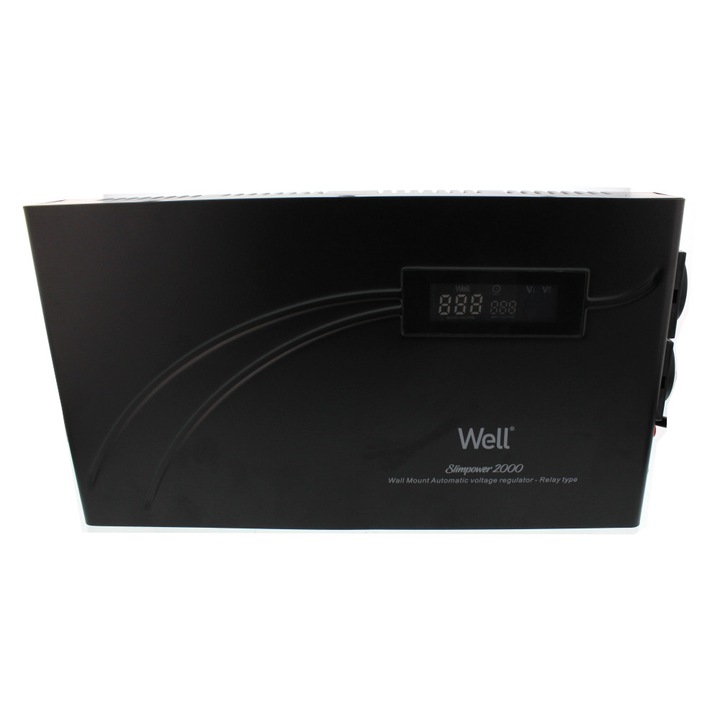 Stabilizator automat de tensiune cu releu WELL Slimpower, puterea 2000VA/1200W, monofazic, tip conector: 2xSchuko, protectie: supraincalzire, scurtcircuit, montabil pe perete