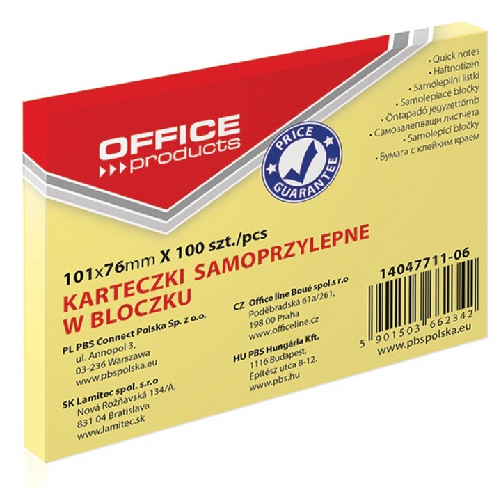 OFFICE Продукти Залепващи бележки, 101x76 mm, 100 листа, 70 g/m², цвят бледожълт