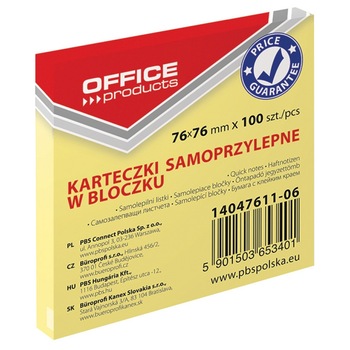 Notite Adezive OFFICE Products, 76x76 mm, 100 File, 70 g/m², Culoare Galben Pal Notite Adezive OFFICE Products, 76x76 mm, 100 File, 70 g/m², Culoare Galben Pal