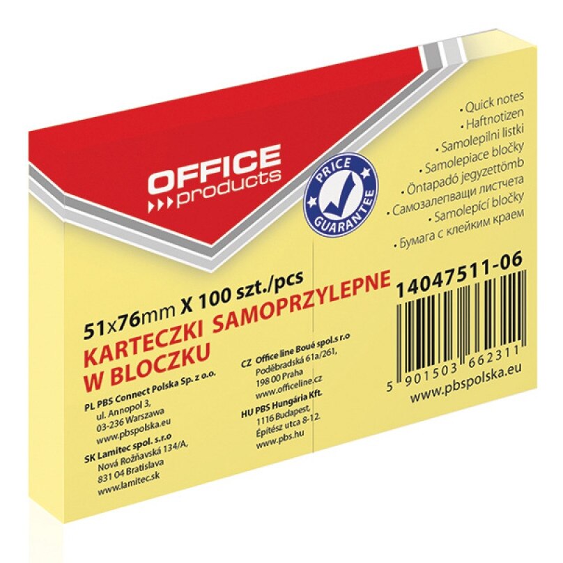 Notite Adezive OFFICE Products, 51x76 mm, 100 File/Set, 70 g/m², Culoare Galben Pal
