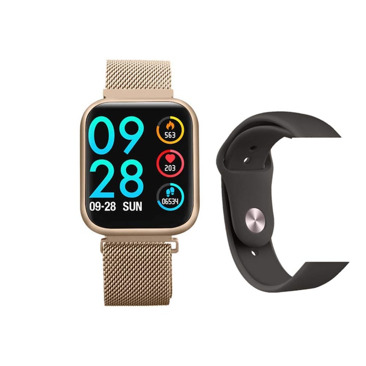 Смарт часовник, ISP, Full Touch, 1.3" IPS HD дисплей, Известия, Следене на сърдечната честота и кръвното налягане, Педометър, Управление на камерата, Силиконова и Злати метална каишка