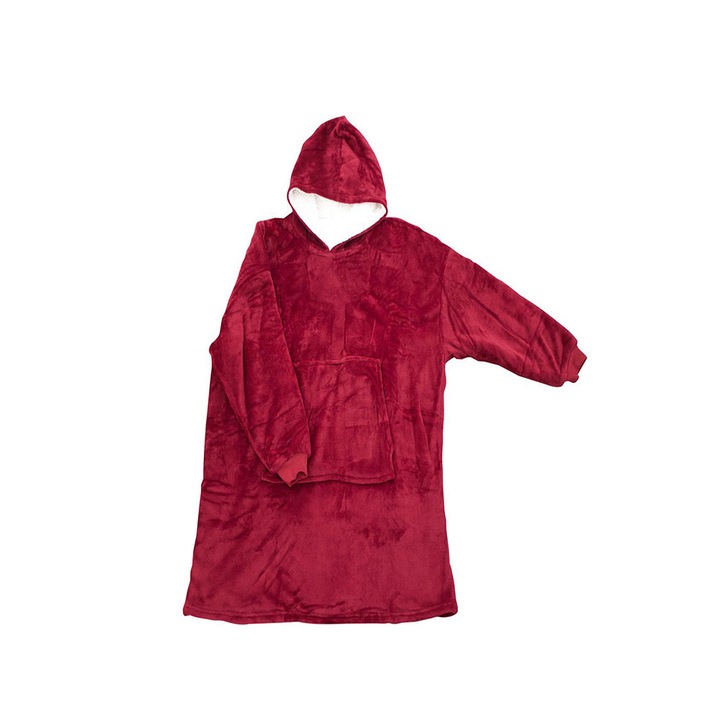 Одеяло с ръкави и качулка, с преден джоб, подплатено, плюш, ултра леко и топло, полиестер, червено, универсален размер