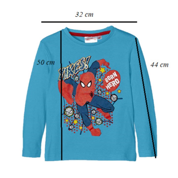 Bluza cu maneca lunga, Spider-Man, Albastru, 128 cm, 8 ani