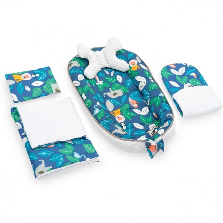 Set 5 in 1 Babynest Minky, 2 perne, 1 paturica si o saltea cu doua fete, Tutumi, Alb/Albastru