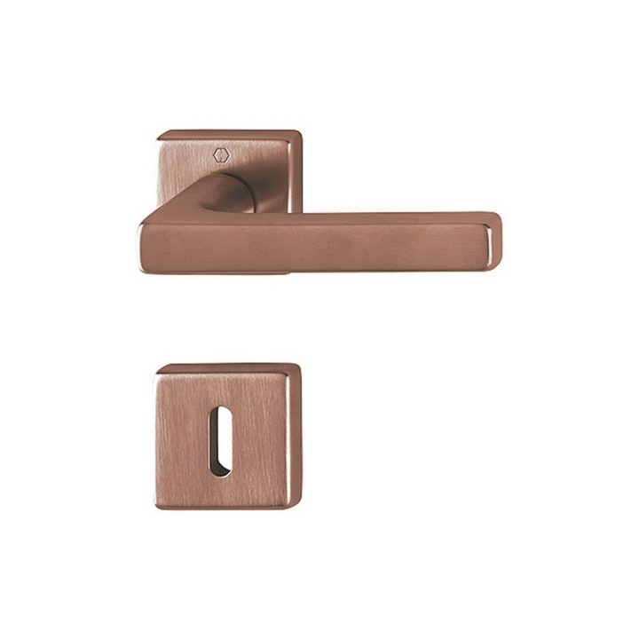 Maner usa interior, Hoppe Dallas, cu rozeta patrata pentru cheie, material alama, culoare cupru satinat, 124x49mm