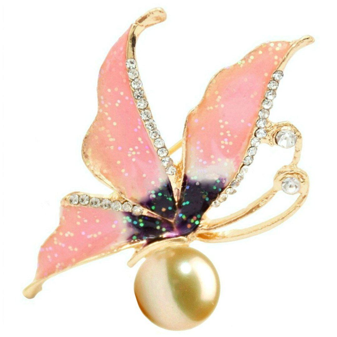 Brosa Pandantiv Fluture Roz cu Perla Naturala Crem