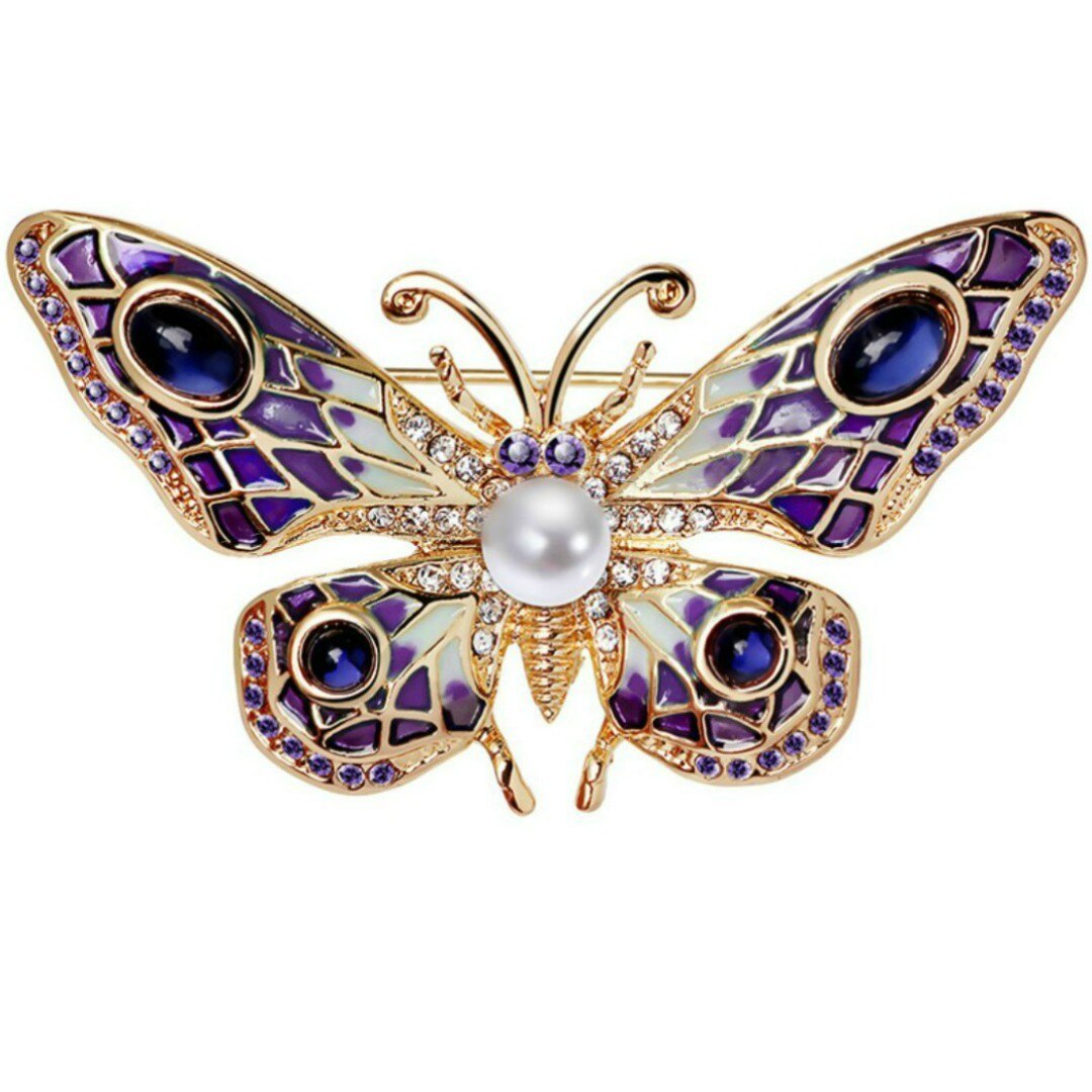 Brosa Pandantiv Fluture Mov Ochi de Pisica cu Perla Naturala Alba de 8 mm