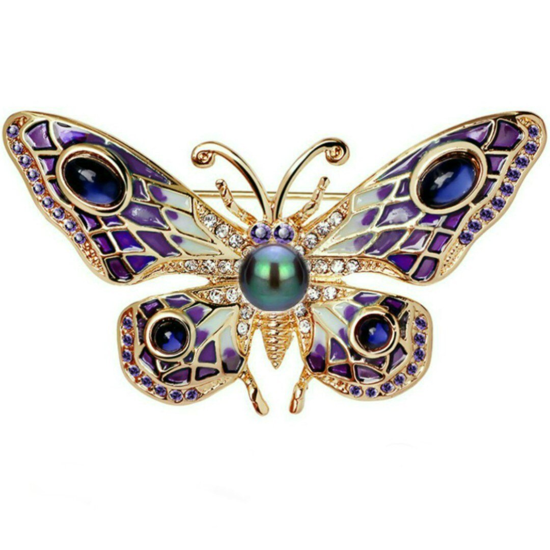 Brosa Pandantiv Fluture Mov Ochi de Pisica cu Perla Naturala Neagra de 8 mm