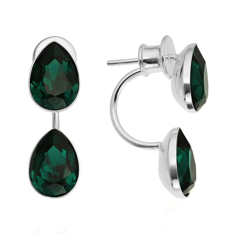 Cercei Argint 925 placat cu rodiu cu cristale Swarovski® Fancy Pear 10mm Font Back Emerald
